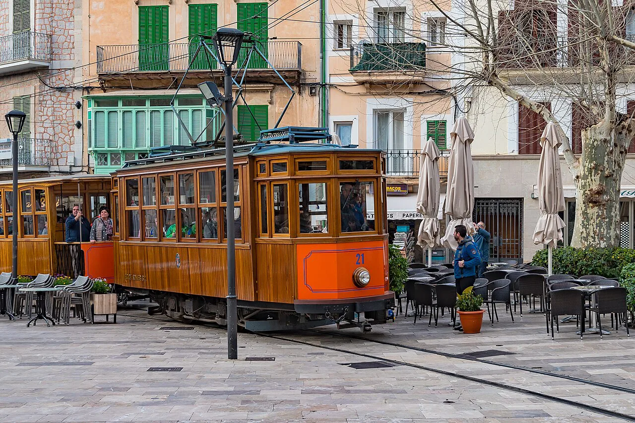 The Sóller tram passing through the town square.