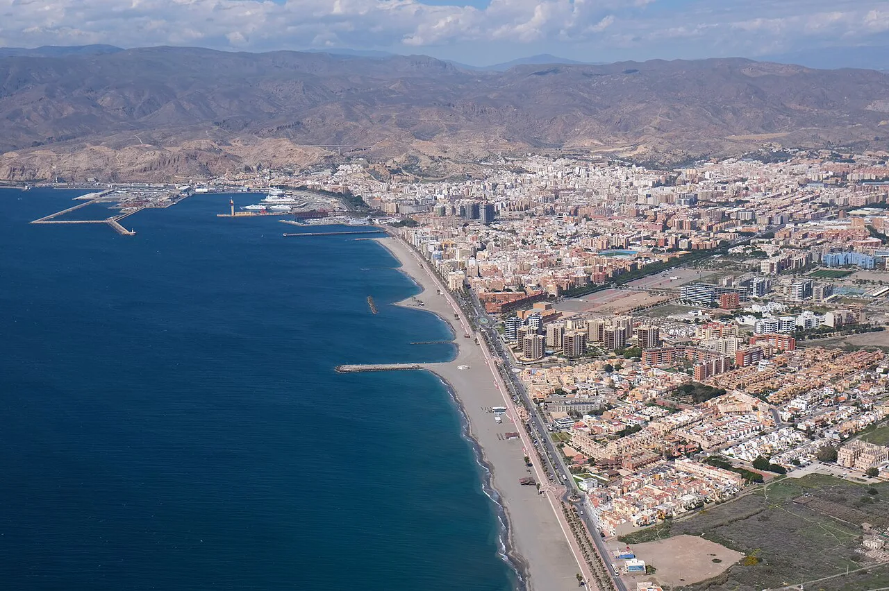 Aerial view of Almería, its port and coastline.