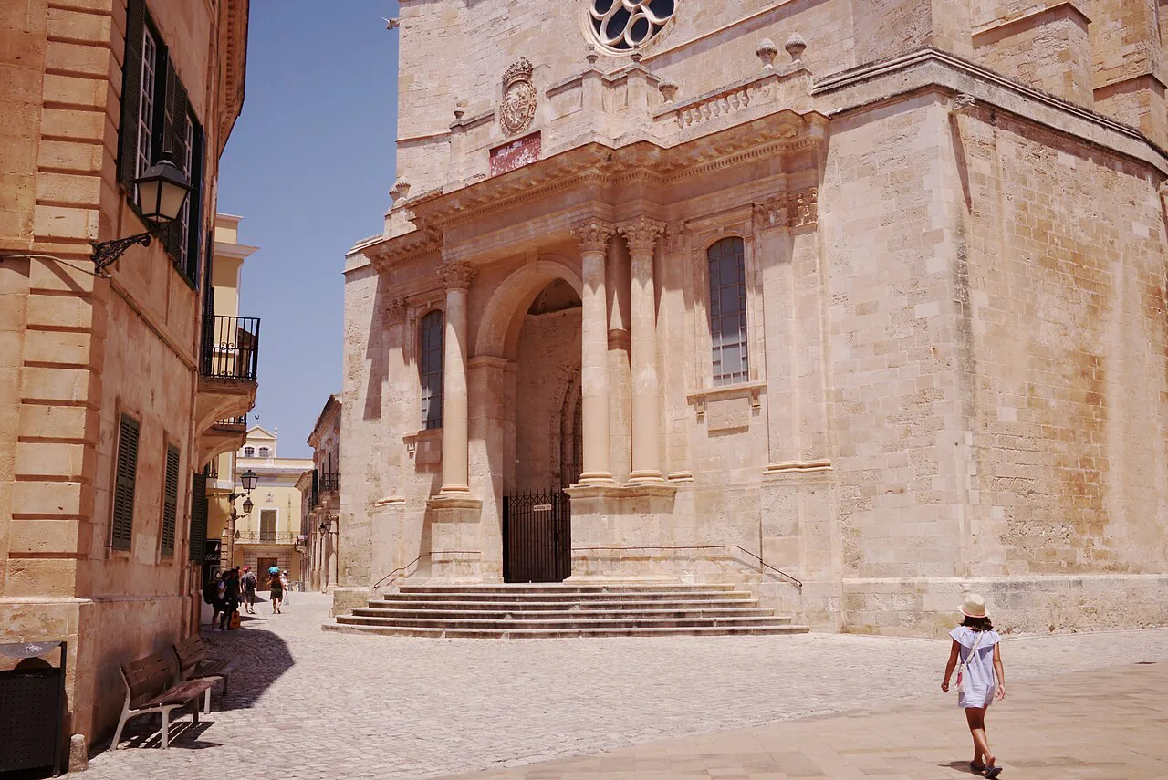 The cathedral and a sunny square in Ciutadella de Menorca.