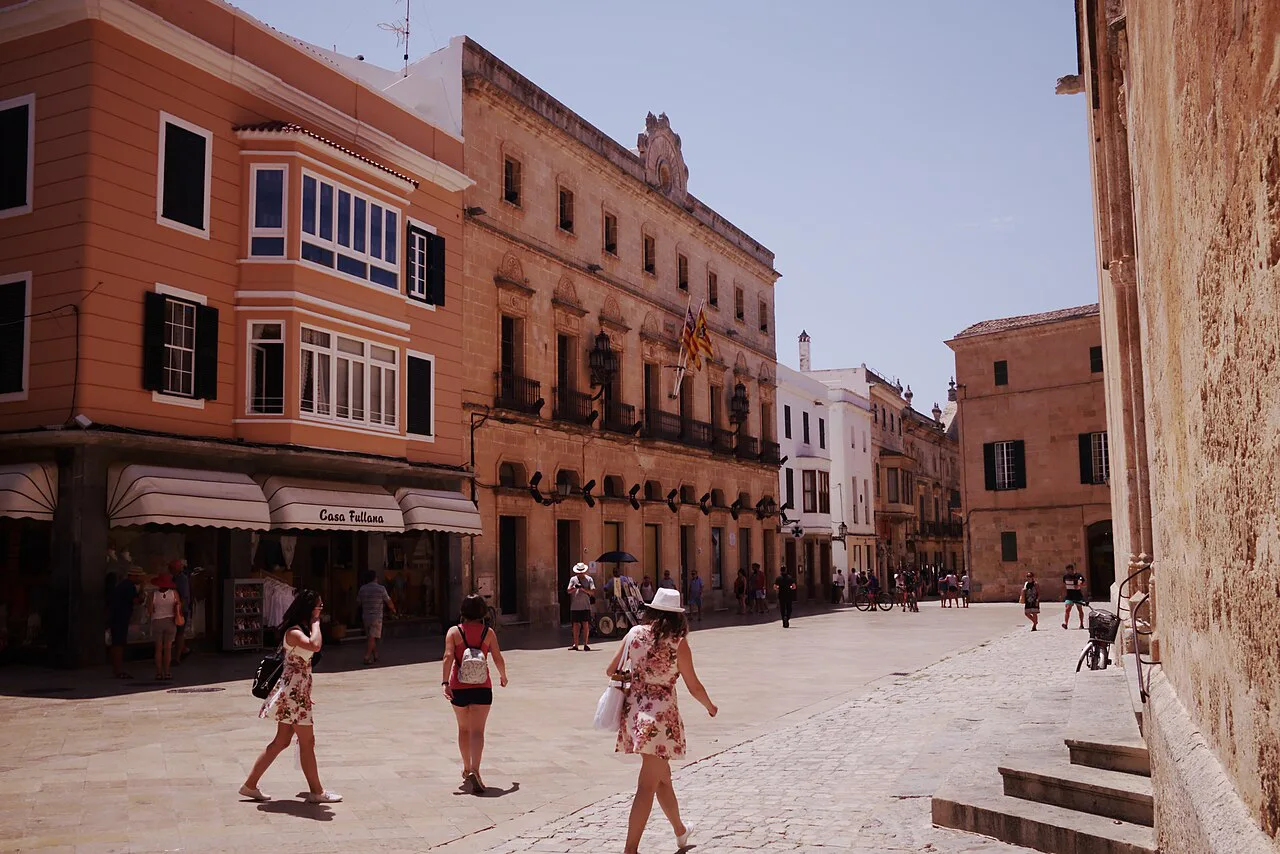 A pedestrian street with arcades in Ciutadella de Menorca.