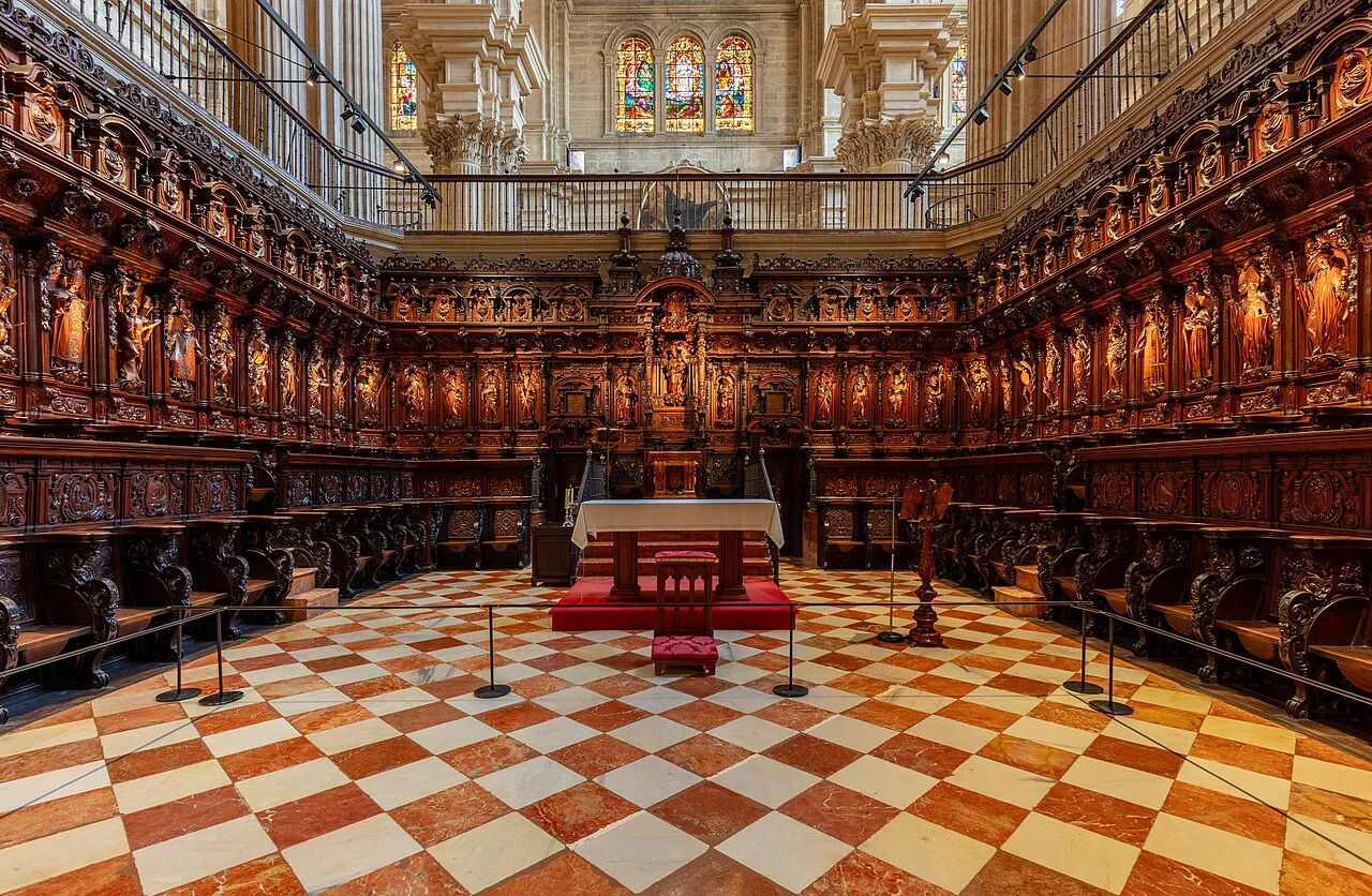 The carved choir of Málaga Cathedral.