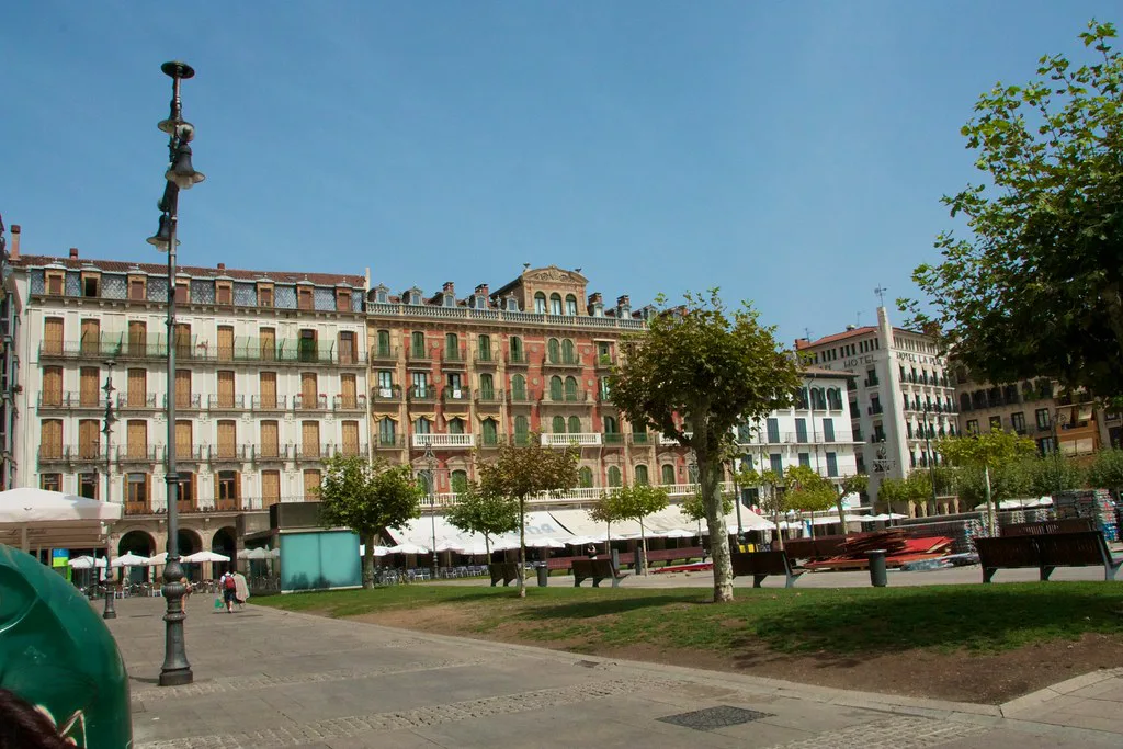 Cafés and historic façades around the Plaza del Castillo, Pamplona.