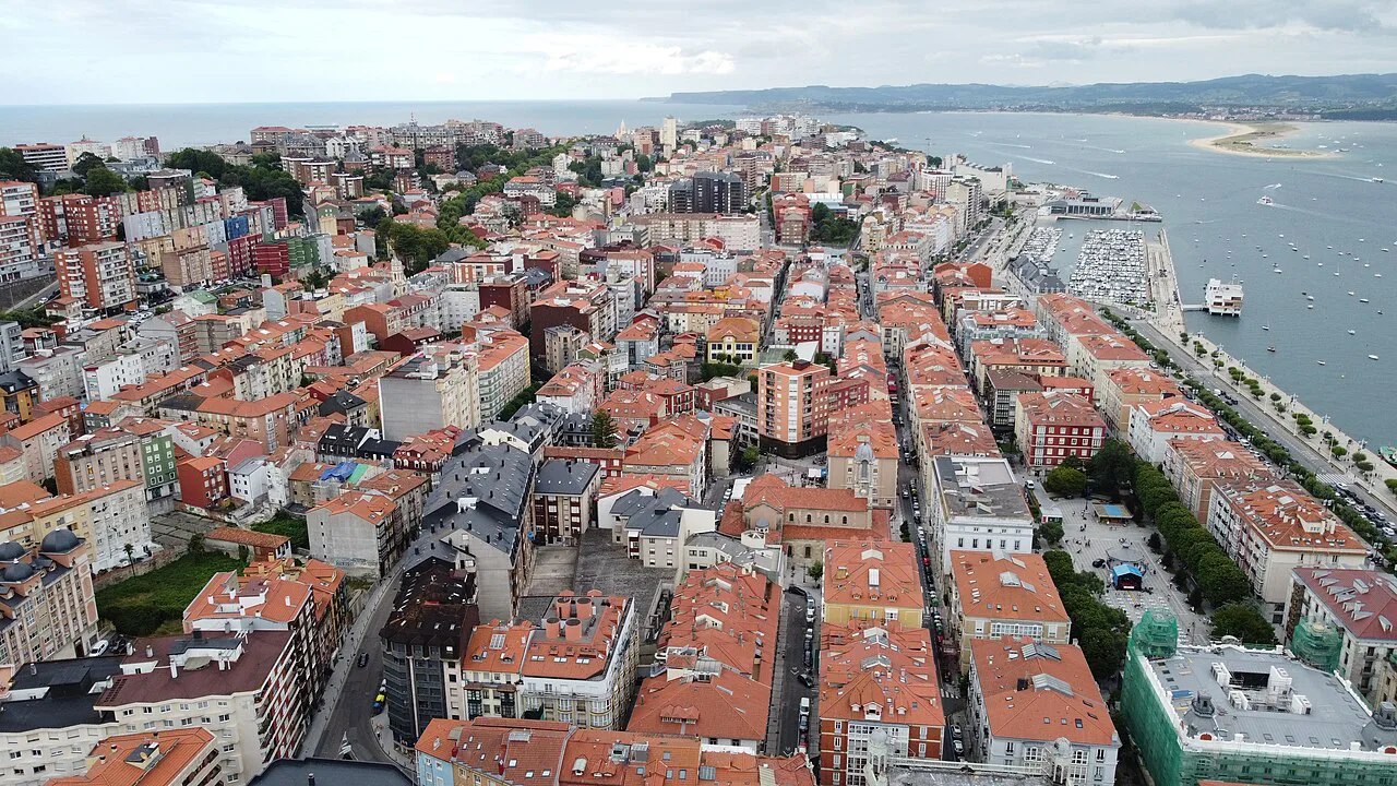 Aerial view over the rooftops of eastern Santander towards the bay.