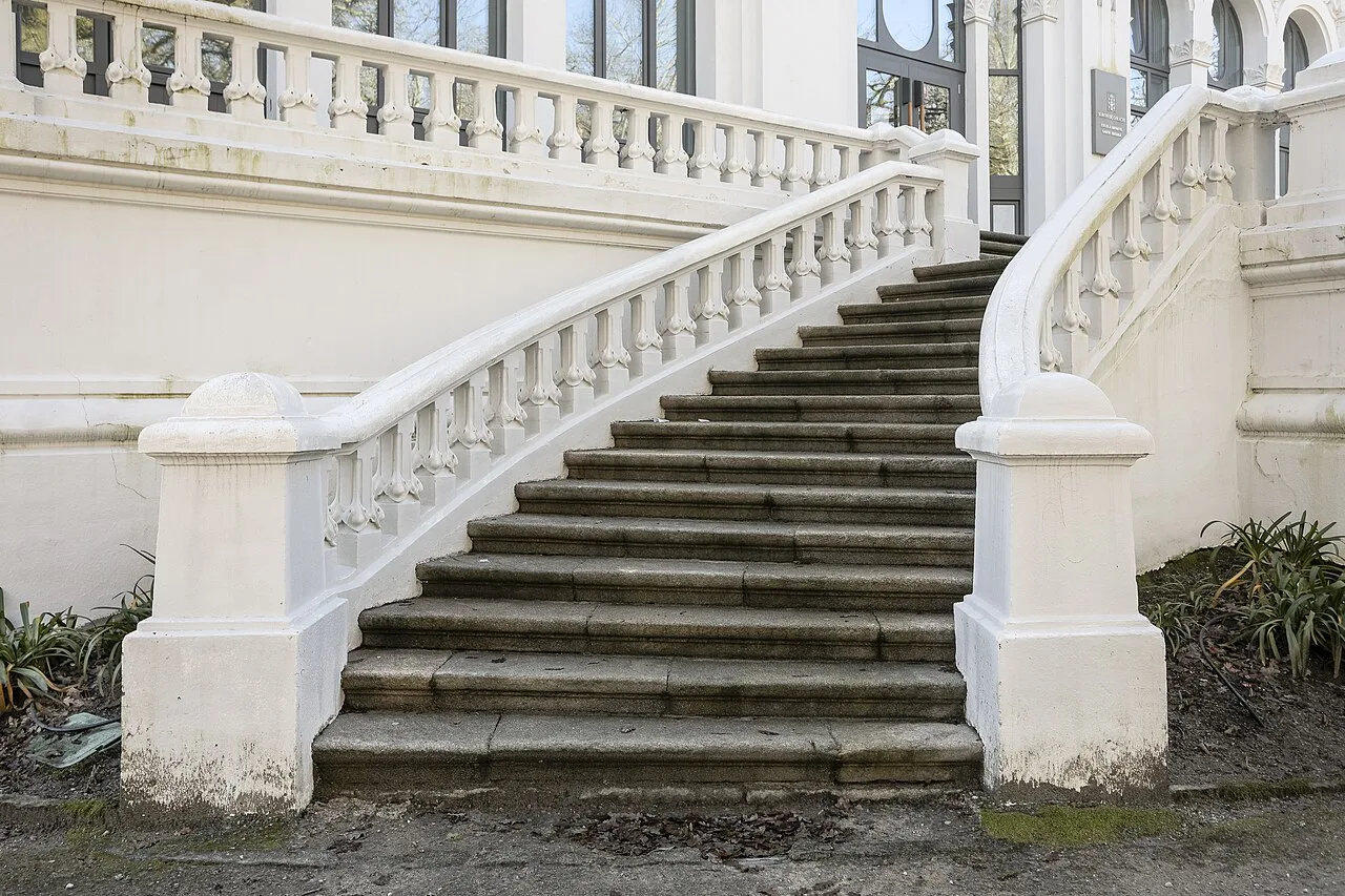 The stairway of the 1909 Regional Exhibition pavilion on the Paseo da Ferradura, Santiago de Compostela.