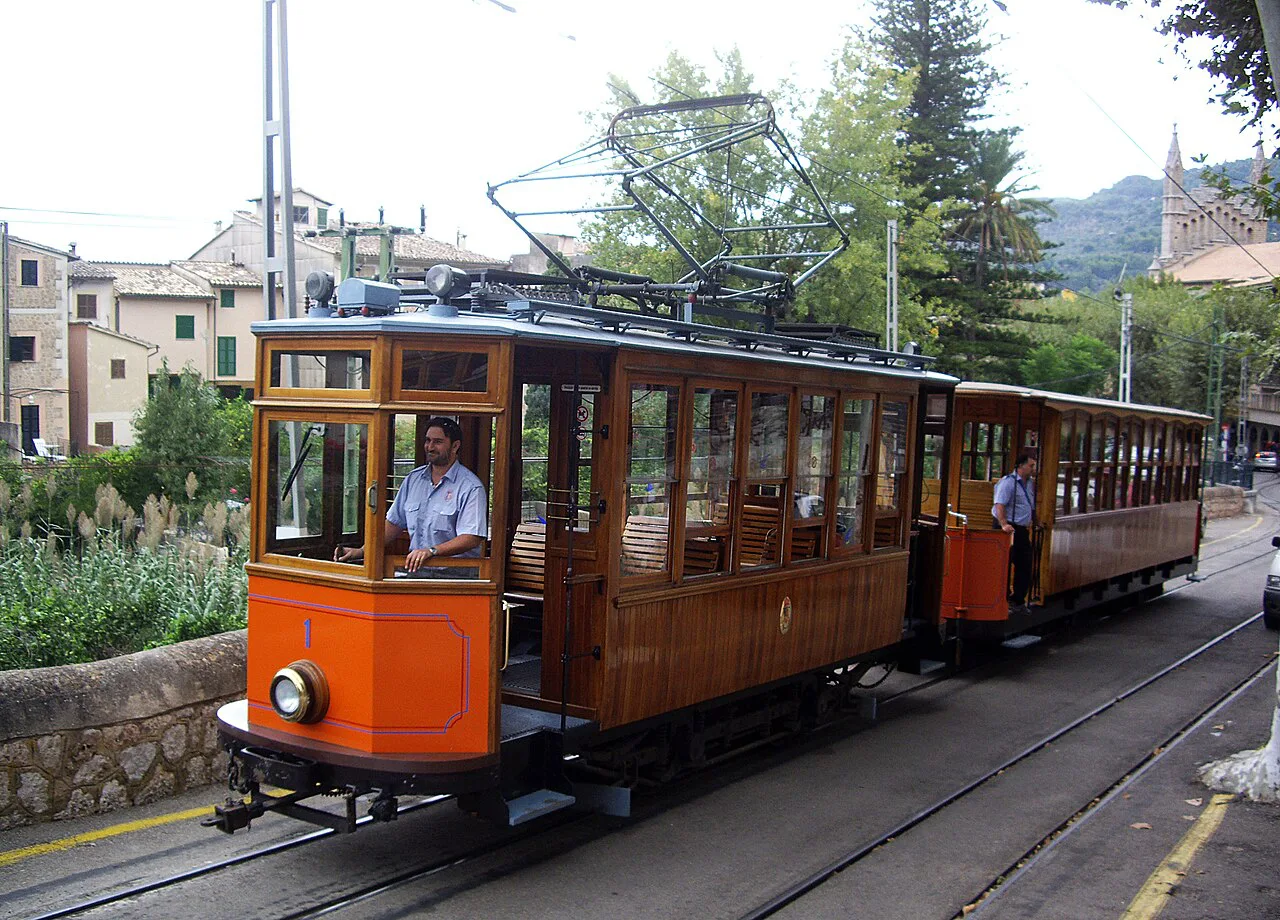 Sóller tram No. 1 in the centre of Sóller, Mallorca.