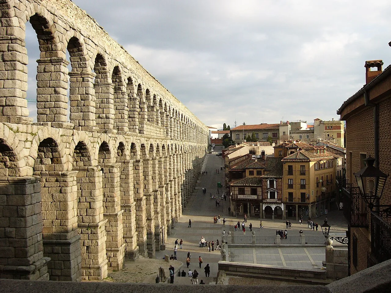 The Roman aqueduct of Segovia above the Plaza del Azoguejo.
