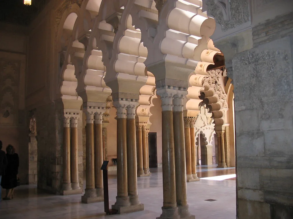 Interlaced arches inside the Aljafería Palace, Zaragoza.